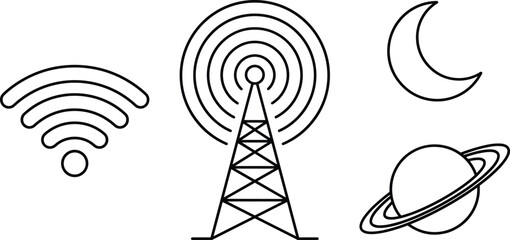 Wireless wifi signal antenna tower transmitter broadcast waves crescent moon and ringed saturn planet vector line icon set © MstBabli