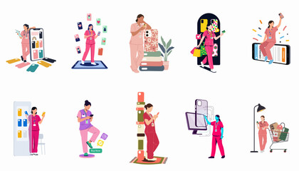 Fototapeta premium Illustrations of healthcare workers in pink and red scrubs shopping for various smartphone cases and accessories through online stores and mobile apps.