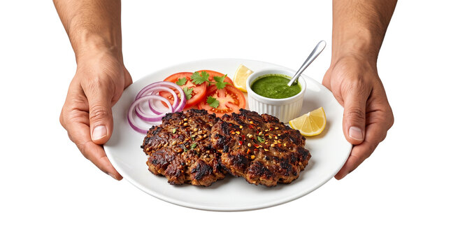 Traditional Chapli Kebab platter held in hands, grilled minced meat patties with fresh salad and chutney, authentic Pakistani and Indian cuisine isolated PNG with Transparent Background