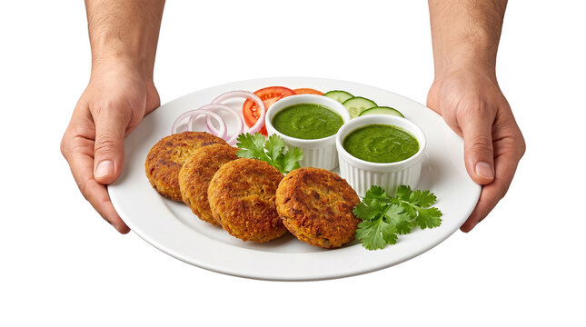 Indian Aloo Tikki vegetable cutlets, crispy potato patties with green chutney and salad, traditional spicy snacks served on a white plate isolated PNG with Transparent Background