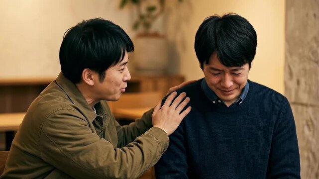 A man consoles his distressed friend, placing a comforting hand on his shoulder, symbolizing empathy and support.
