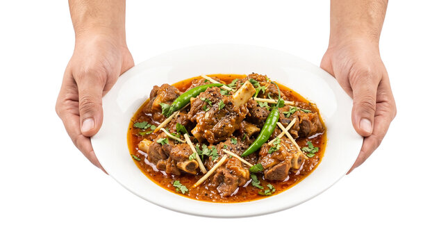 Traditional mutton karahi curry in white bowl, spicy lamb stew with ginger and green chili, authentic Pakistani meat dish served by hands isolated PNG with Transparent Background