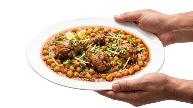 Traditional chicken cholay curry with chickpeas, spicy pakistani chicken chana masala on white plate, hands holding gourmet indian poultry dish isolated PNG with Transparent Background