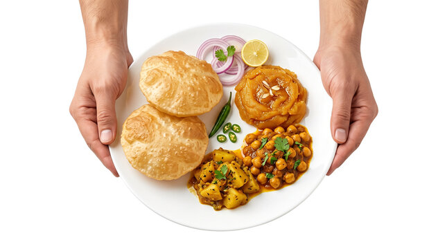 Traditional Indian Chole Bhature thali held in hands, spicy chickpea curry with fried bread, authentic North Indian breakfast platter isolated PNG with Transparent Background