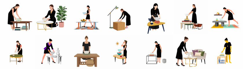 Set of Minimalist Flat Illustrations Featuring Stylish Women in Black Outfits Arranging Modern Home Decor and Furniture © Lopezda