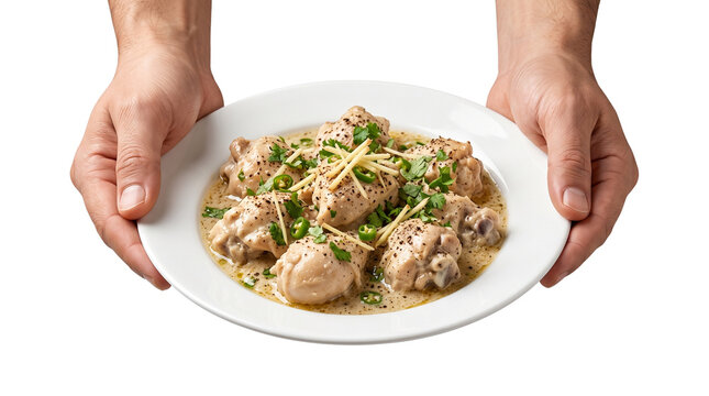 Creamy chicken stew with ginger and herbs, hands holding a white plate of gourmet poultry curry, traditional homemade chicken fricassee isolated PNG with Transparent Background