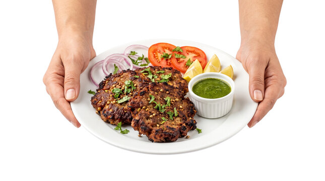 Traditional Chapli Kabab platter held in hands, spicy minced meat patties with green chutney, authentic Pakistani beef kebabs with salad isolated PNG with Transparent Background