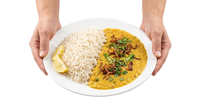 Indian dal tadka with basmati rice, hands holding a plate of yellow lentil curry, traditional vegetarian meal with fried onions and lemon isolated PNG with Transparent Background