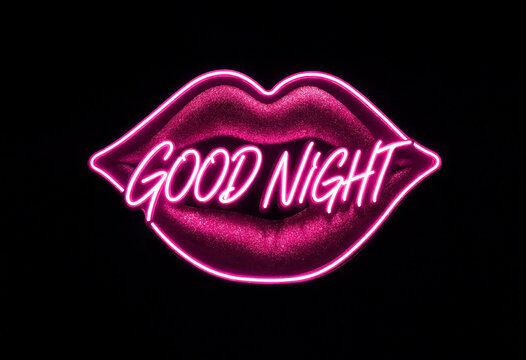 Bright neon sign with lips shape and good night text glowing in pink perfect for nightlife designs