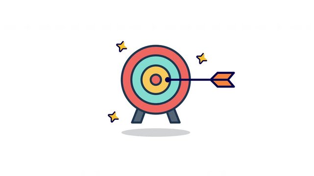 Looping Target Icon Animation. Flat minimalist design of archery goal with arrow hitting bullseye, isolated on white background