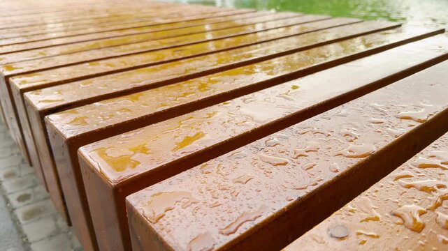 A varnished wooden bench covered in fresh raindrops sits along the edge of a public park pond. The surface reflects light after a recent rain shower.