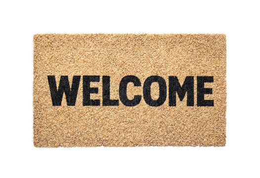Brown textured welcome doormat with bold black letters isolated on transparent background