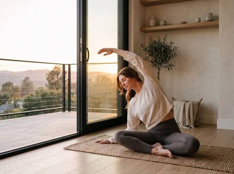 Young woman stretching beside large window. Female yoga practitioner enjoying morning exercise in bright home setting.