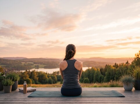 Woman stretching on yoga mat at sunrise. Female practicing yoga outdoors for relaxation and fitness.