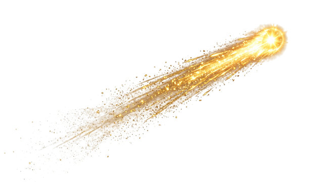 Golden sparkling comet with light trail on white background, glowing yellow fireball with glitter dust, magical shooting star effect for design