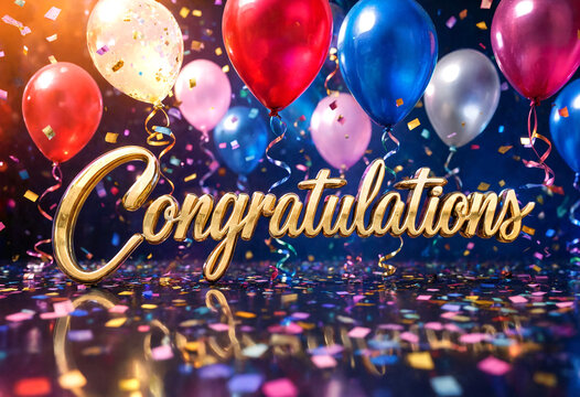 Colorful congratulations celebration with balloons and confetti in festive party atmosphere scene