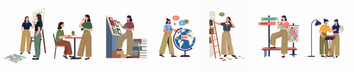 Flat vector illustrations of young women engaged in diverse activities for foreign language learning, including studying, reading, and exploring geography. © Lopezda