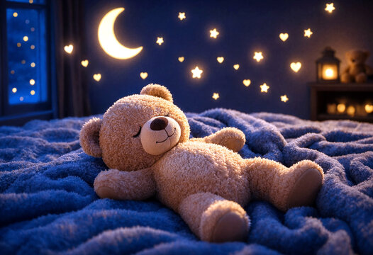 Cute teddy bear sleeping peacefully under a starry night sky with moon and glowing decorations