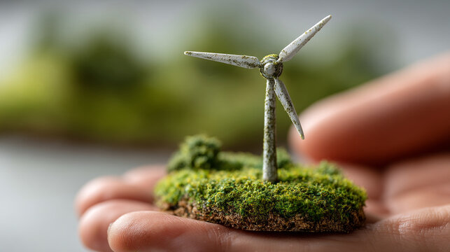 Miniature wind turbine on a moss patch held in a person's open hand