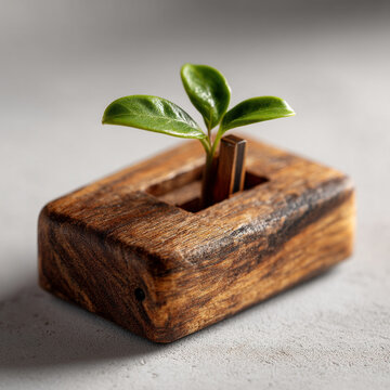 Small green plant sprout emerging from a handcrafted wooden block planter
