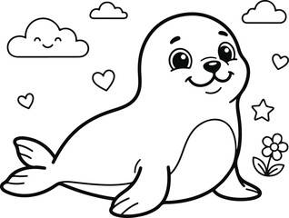 Fototapeta premium Cute cartoon seal coloring page for kids
