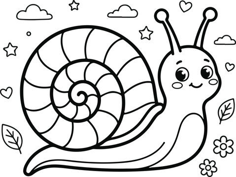 Cute cartoon snail with a spiral shell, stars, clouds, hearts, and flowers