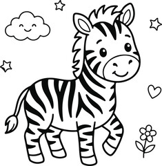 Obraz premium Cute cartoon zebra walking with stars, a smiling cloud, a heart, and a flower