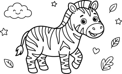 Obraz premium Cute cartoon zebra walking with leaves, stars, a smiling cloud, and a heart