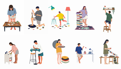 Fototapeta premium Flat illustration set of diverse people enjoying various solo activities and games with playing cards in a comfortable home environment.