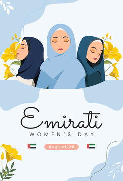 Emirati Women with Emirati Women's Day Celebration Typography in Modern Flat Vector Style for Poster, Greeting Card and Social Media Design