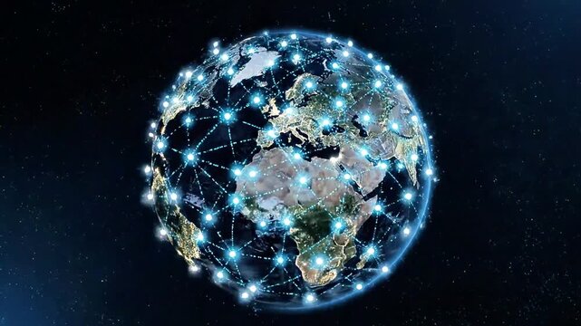 Satellite view of Europe at night with illumination.