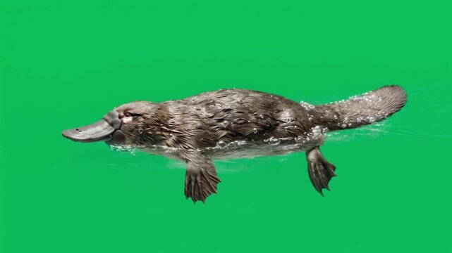 A Platypus Swims Gracefully in Clear Water on a Green Background.