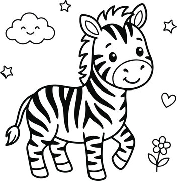 Cute cartoon zebra walking with stars, a smiling cloud, a heart, and a flower
