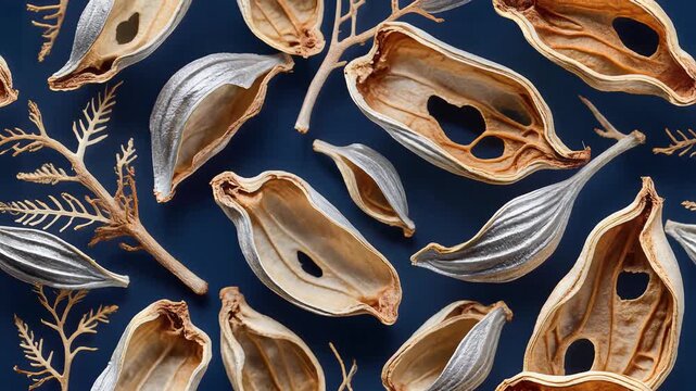 Dried botanical pods and branches with intricate details, set against a dark blue background, showcasing natural textures and organic shapes, symbolizing nature's beauty and sustainability