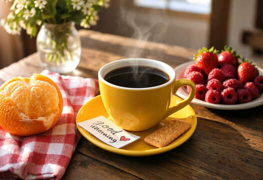 Freshly brewed hot coffee with fruits and biscuits on a rustic wooden table for a cheerful good morning breakfast scene