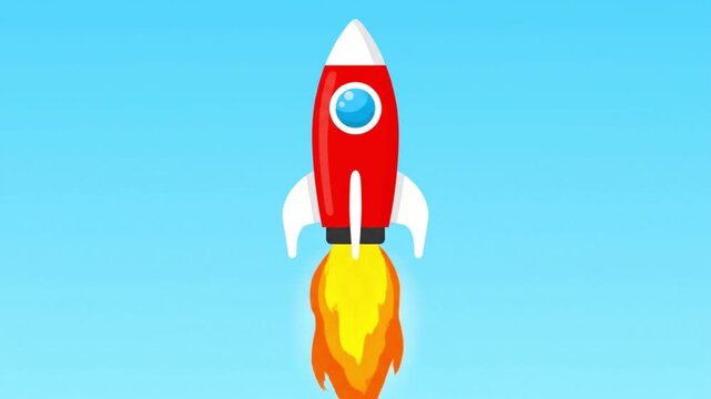Red Rocket Launching into Blue Sky with Fiery Exhaust.