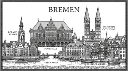 Obraz premium Bremen Cityscape Sketch: Town Hall, St. Peter's Cathedral, Roland Statue, Weser River, Schnoorviertel
