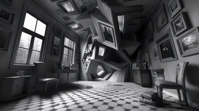 Room interior displays surreal distorted walls with floating picture frames and windows, creating an impossible perspective that challenges spatial perception within a monochrome artistic environment.