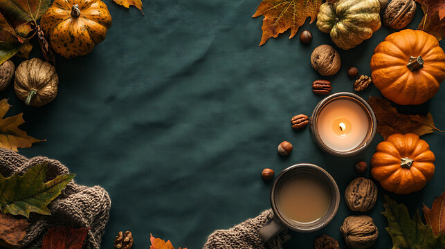 Cozy autumn pumpkin leaf coffee candle flat lay on dark teal fabric. Targets Thanksgiving copy, early fall custom gifts & seasonal social media.