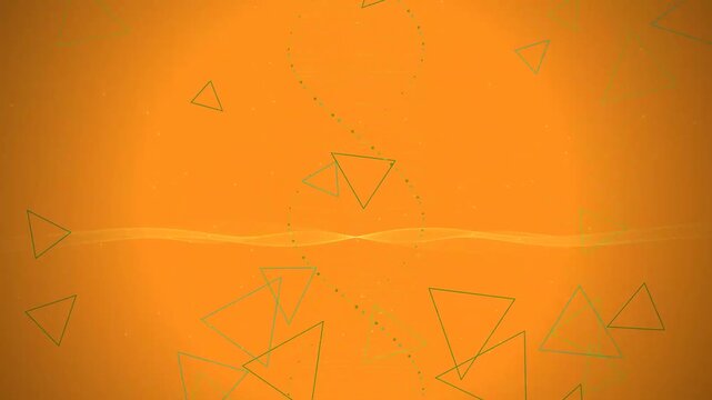 Abstract Orange Motion Graphics Background Featuring Green Triangles and DNA Helix Structure.