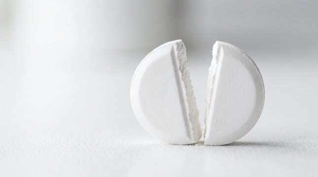 White pharmaceutical pill split in half on white background