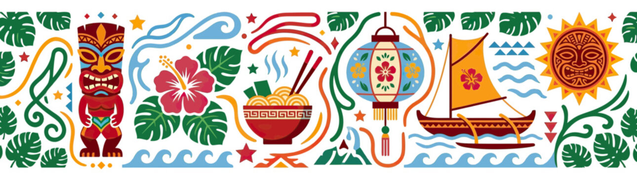 Tropical Island Celebration with Tiki, Hibiscus, and Sailboat