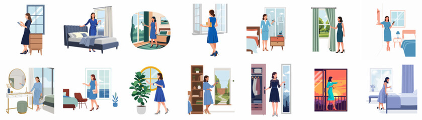 Obraz premium Collection of flat vector illustrations featuring a woman in various elegant modern interior settings, including bedrooms, hotel rooms, and balconies.