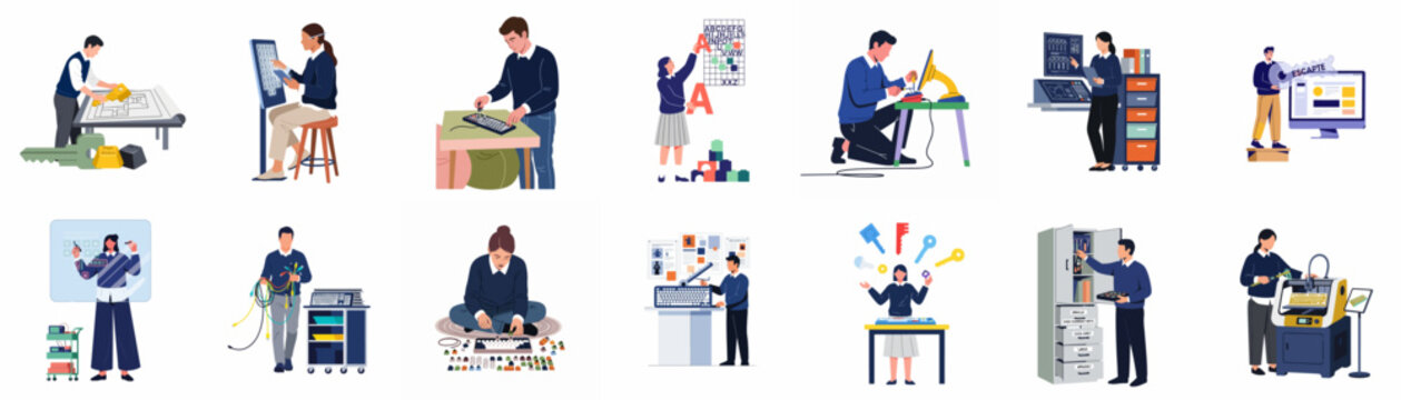 Set of technical illustrations depicting professionals working on keyboard design, electronics assembly, hardware repair, and innovative engineering tasks.