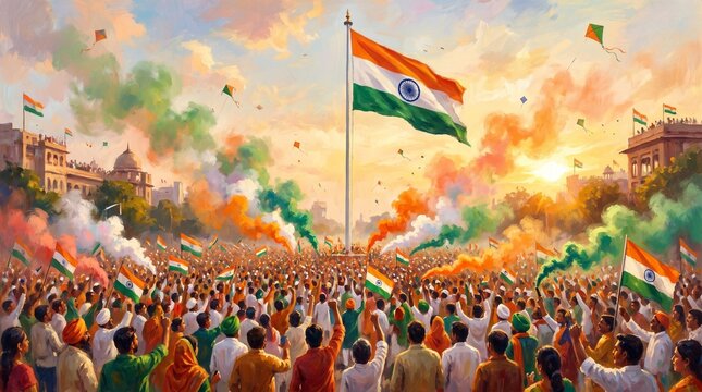 Crowd celebrating indian independence day with flags and colorful smoke