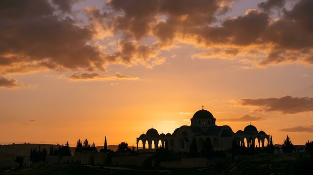 Silhouette of traditional architecture against golden sunset sky