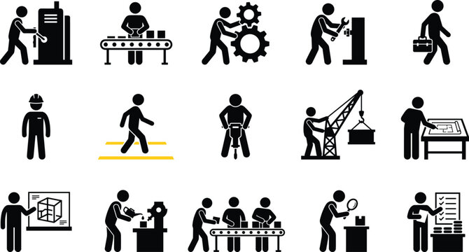 Set of industrial and manufacturing worker icons, factory employees, construction workers, and engineering professionals, vector illustration