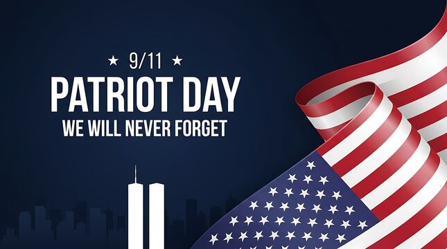 Patriot day memorial event remembering 9 11 we will never forget illustration with american flag and twin towers skyline background.