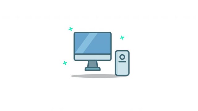 Looping Workstation Icon Animation. Flat minimalist design of desktop computer with monitor and CPU, isolated on white background