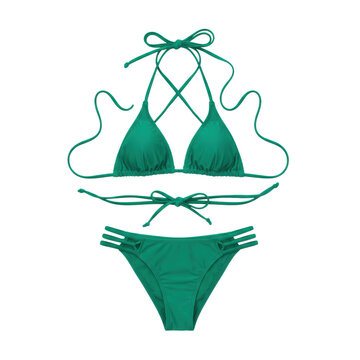 Emerald green two-piece bikini set with strappy details, smooth fabric sheen, arranged flat lay on a transparent background, elegant summer fashion concept